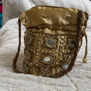 Gold Beaded Embellished Drawstring Evening Bag